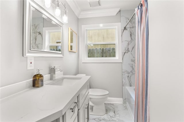 2067 Lafreniere St, New Orleans, LA 70122 - bathroom with marble look tile flooring, toilet, ornamental molding, vanity, and shower / bath combo