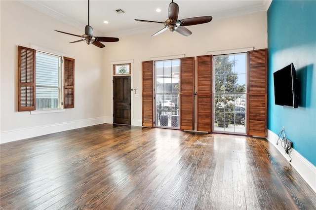 1607 N Villere St, New Orleans, LA 70116 - unfurnished living room with a ceiling fan, wood finished floors, ornamental molding, baseboards, and recessed lighting