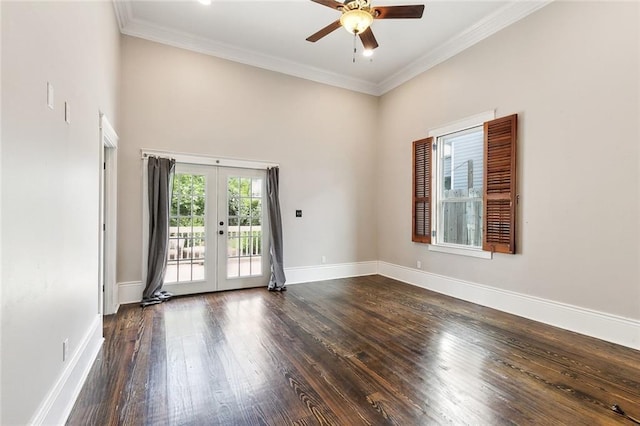 1607 N Villere St, New Orleans, LA 70116 - empty room featuring french doors, a ceiling fan, dark wood-style flooring, ornamental molding, and baseboards