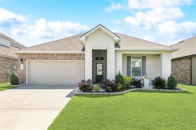 784 Bent Cypress Ln, Slidell, LA 70461 - single story home with roof with shingles, an attached garage, driveway, a front yard, and stucco siding