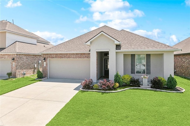 784 Bent Cypress Ln, Slidell, LA 70461 - ranch-style home with a garage, roof with shingles, a front lawn, concrete driveway, and stucco siding
