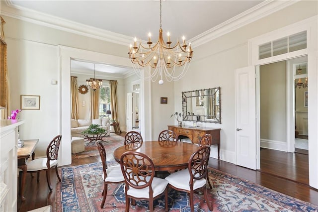 919 Robert St, New Orleans, LA 70115 - dining room featuring a chandelier, crown molding, dark wood-style flooring, and baseboards