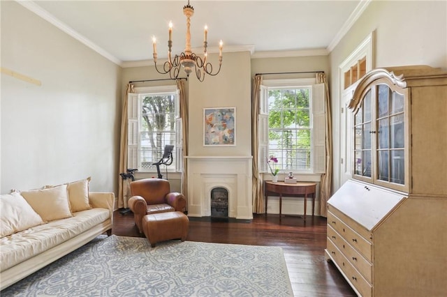 919 Robert St, New Orleans, LA 70115 - sitting room with a chandelier, dark wood-type flooring, ornamental molding, and a fireplace with flush hearth