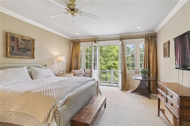 919 Robert St, New Orleans, LA 70115 - bedroom with light carpet, access to exterior, crown molding, recessed lighting, and a ceiling fan