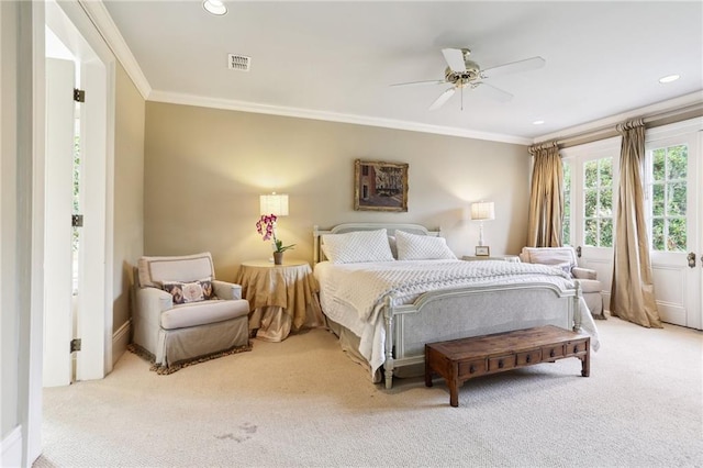 919 Robert St, New Orleans, LA 70115 - bedroom with carpet floors, crown molding, recessed lighting, and ceiling fan