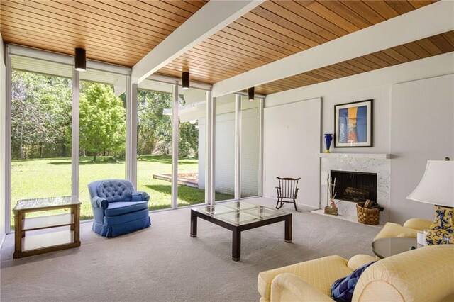1450 Pine Tree Rd, Opelousas, LA 70570 - carpeted living area with expansive windows, healthy amount of natural light, a high end fireplace, and wooden ceiling with exposed beams