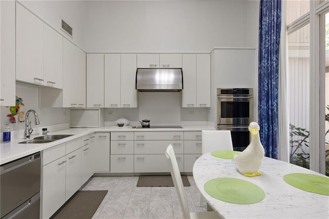 1450 Pine Tree Rd, Opelousas, LA 70570 - kitchen featuring appliances with stainless steel finishes, a sink, under cabinet range hood, light countertops, and white cabinetry