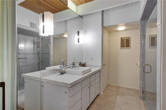 1450 Pine Tree Rd, Opelousas, LA 70570 - full bath with tile patterned flooring, a shower stall, vanity, and wood ceiling