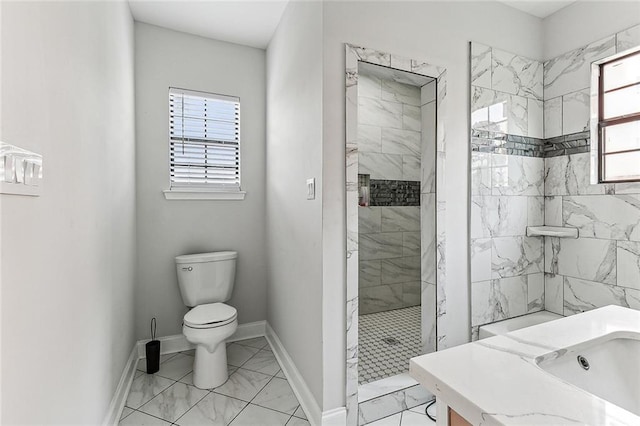 142325 Lamanche St, New Orleans, LA 70117 - bathroom with marble look tiles, toilet, a shower stall, and vanity