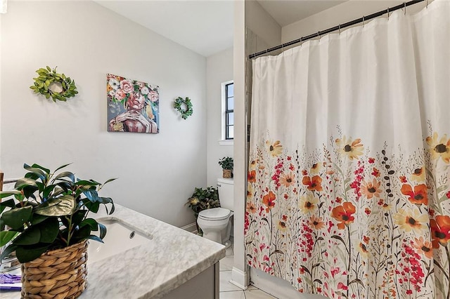 142325 Lamanche St, New Orleans, LA 70117 - bathroom with vanity, toilet, a shower with shower curtain, and tile patterned floors