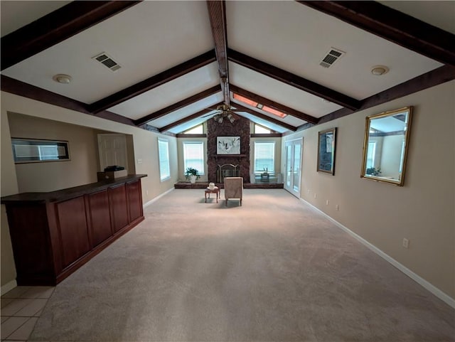 608 Eagle Dr, Slidell, LA 70461 - unfurnished living room with baseboards, a ceiling fan, a fireplace, and light colored carpet