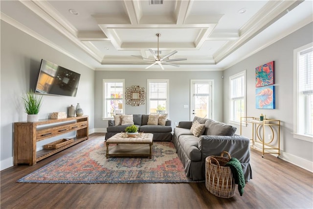 415 N Dupre St, New Orleans, LA 70119 - living room with wood finished floors, baseboards, coffered ceiling, beamed ceiling, and crown molding