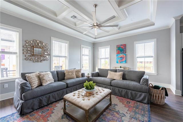 415 N Dupre St, New Orleans, LA 70119 - living area featuring coffered ceiling, wood finished floors, a ceiling fan, crown molding, and baseboards