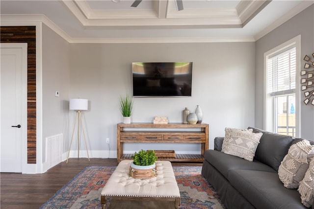 415 N Dupre St, New Orleans, LA 70119 - living area with wood finished floors, ornamental molding, baseboards, and a raised ceiling