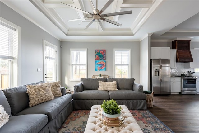 415 N Dupre St, New Orleans, LA 70119 - living room featuring coffered ceiling, dark wood-type flooring, a ceiling fan, and crown molding