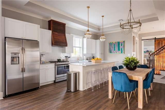 415 N Dupre St, New Orleans, LA 70119 - kitchen with appliances with stainless steel finishes, a tray ceiling, a barn door, dark wood-style floors, and crown molding