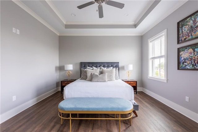 415 N Dupre St, New Orleans, LA 70119 - bedroom with a tray ceiling, wood finished floors, baseboards, a ceiling fan, and ornamental molding