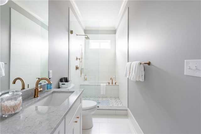 415 N Dupre St, New Orleans, LA 70119 - full bathroom featuring tiled shower, toilet, tile patterned flooring, vanity, and ornamental molding