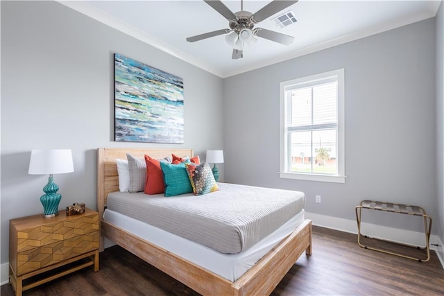 415 N Dupre St, New Orleans, LA 70119 - bedroom with wood finished floors, ornamental molding, baseboards, and a ceiling fan