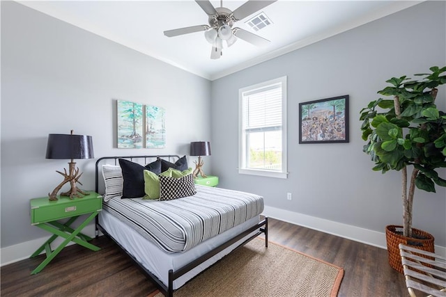 415 N Dupre St, New Orleans, LA 70119 - bedroom with baseboards, wood finished floors, ceiling fan, and ornamental molding