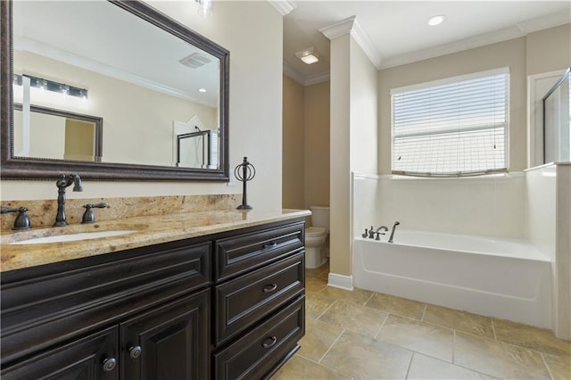 4027 Borneo St, Bay Saint Louis, MS 39520 - bathroom featuring toilet, ornamental molding, a bath, vanity, and baseboards
