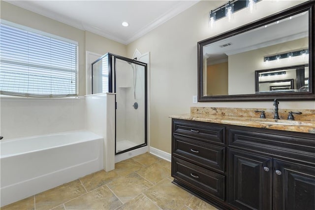 4027 Borneo St, Bay Saint Louis, MS 39520 - bathroom with a stall shower, vanity, a bath, ornamental molding, and baseboards