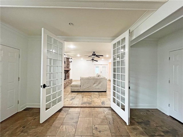 4508 Hessmer Ave, Metairie, LA 70002 - bathroom featuring french doors, crown molding, a brick fireplace, recessed lighting, and a ceiling fan