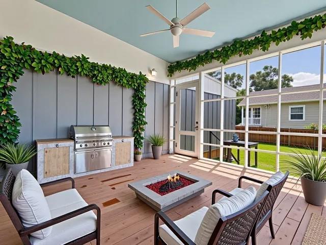 6100 Duplessis St, New Orleans, LA 70122 - wooden deck with an outdoor living space with a fire pit and a ceiling fan