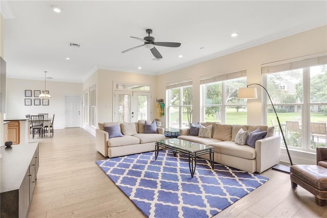8 Ani St, New Orleans, LA 70124 - living room with light wood-type flooring, ceiling fan, crown molding, recessed lighting, and baseboards