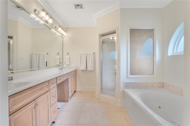 8 Ani St, New Orleans, LA 70124 - full bathroom with a bath, double vanity, tile patterned floors, a stall shower, and ornamental molding