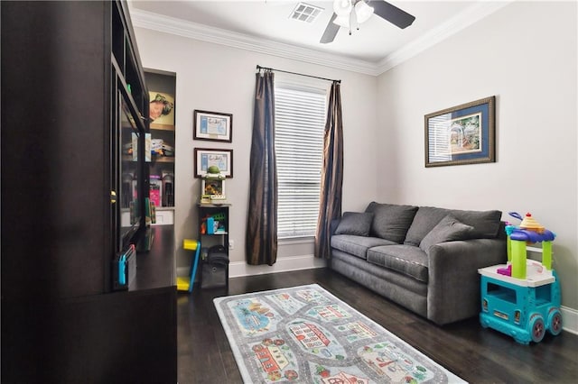 1112 Safflower Ct, Madisonville, LA 70447 - living room with wood finished floors, baseboards, a ceiling fan, and ornamental molding