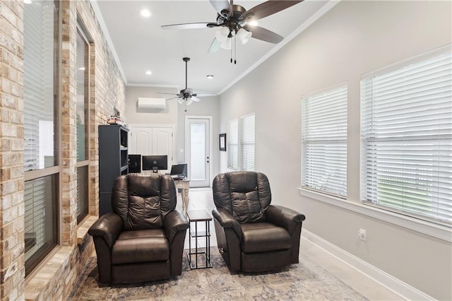 1112 Safflower Ct, Madisonville, LA 70447 - sitting room with a ceiling fan, crown molding, baseboards, a wall mounted AC, and an office area