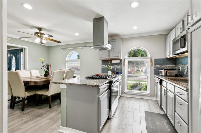 9 Osborne Ave, Kenner, LA 70065 - kitchen with stainless steel appliances, island exhaust hood, gray cabinetry, light wood finished floors, and recessed lighting