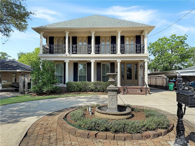 9125 5th St, River Ridge, LA 70123 - greek revival house with curved driveway, a balcony, and roof with shingles