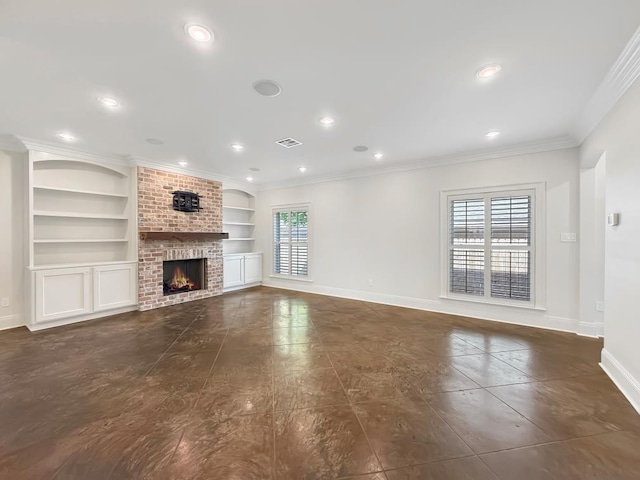 9125 5th St, River Ridge, LA 70123 - unfurnished living room featuring baseboards, built in shelves, crown molding, a fireplace, and recessed lighting