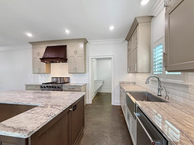 9125 5th St, River Ridge, LA 70123 - kitchen with custom range hood, appliances with stainless steel finishes, decorative backsplash, crown molding, and light stone counters