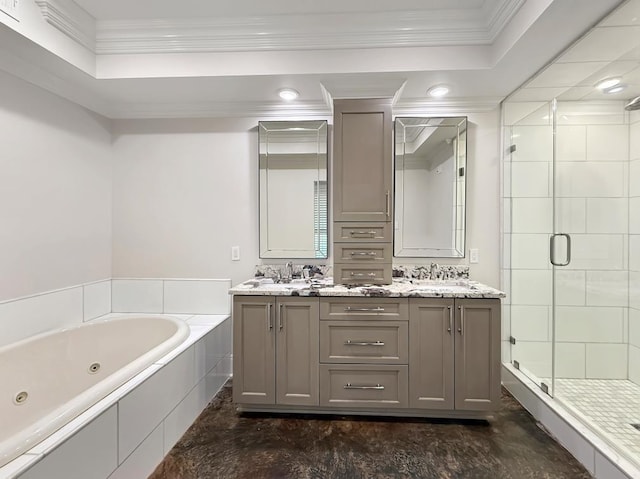 9125 5th St, River Ridge, LA 70123 - bathroom featuring a stall shower, ornamental molding, a tub with jets, and double vanity