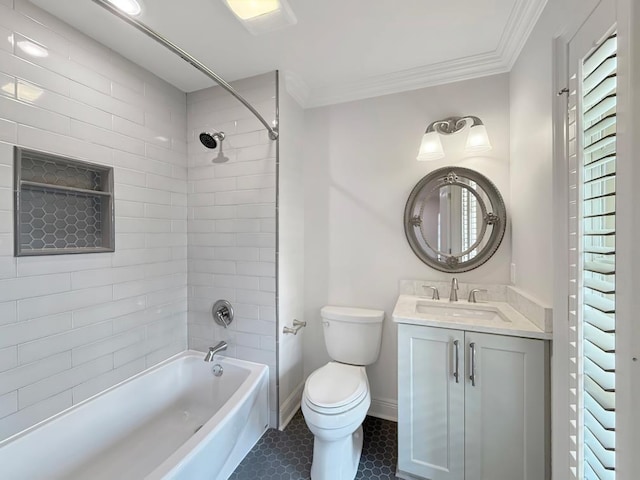 9125 5th St, River Ridge, LA 70123 - bathroom featuring toilet, tile patterned floors, ornamental molding, shower / bath combination, and vanity