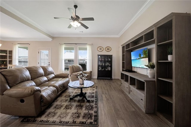 229 Louisiana Iris Cir, Slidell, LA 70458 - living area with ceiling fan, dark wood finished floors, and ornamental molding