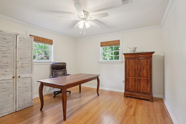 42 Riverdale Dr, Covington, LA 70433 - office space featuring healthy amount of natural light, a ceiling fan, light wood-style flooring, and crown molding