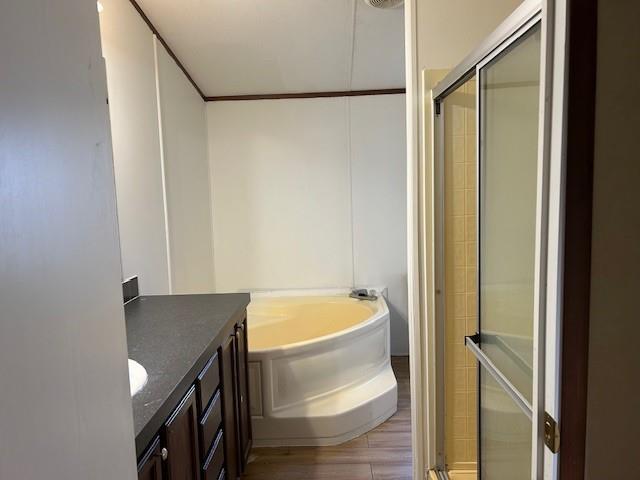 26214 E Sycamore St, Lacombe, LA 70445 - full bathroom with a garden tub, a shower with shower door, and vanity