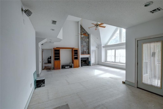59394 E Harbor Ln, Lacombe, LA 70445 - unfurnished living room featuring ceiling fan, a fireplace, high vaulted ceiling, baseboards, and a textured ceiling