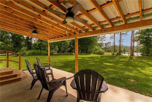 51075 Jenkins Ln, Tickfaw, LA 70466 - view of patio / terrace with ceiling fan, a water view, and view of wooded area