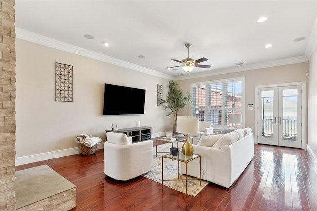 6919 Memphis St, New Orleans, LA 70124 - living room with french doors, ceiling fan, dark wood-type flooring, crown molding, and recessed lighting