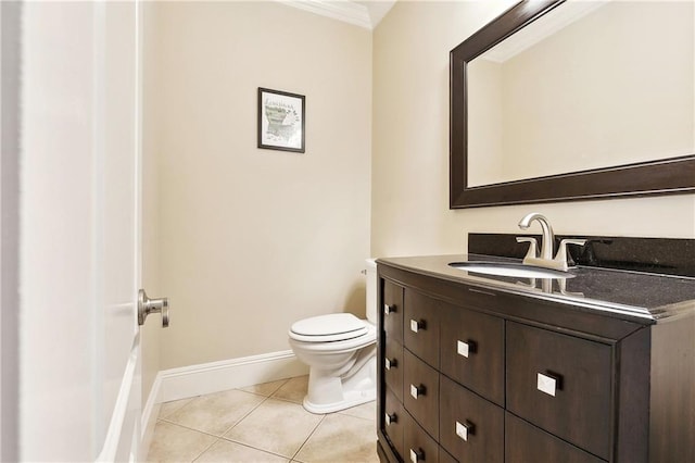6919 Memphis St, New Orleans, LA 70124 - half bath with toilet, tile patterned flooring, vanity, baseboards, and ornamental molding
