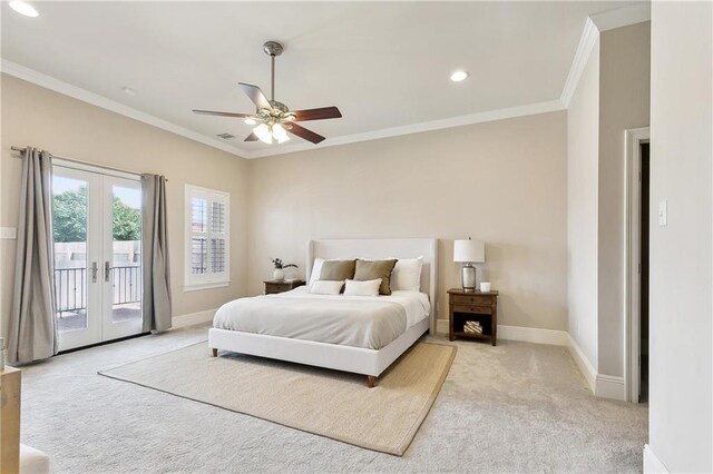 6919 Memphis St, New Orleans, LA 70124 - bedroom featuring carpet flooring, ornamental molding, access to exterior, french doors, and baseboards