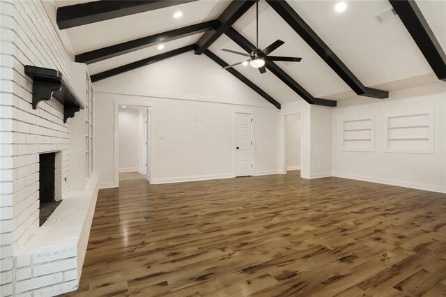 25 Woodvine Ct, Covington, LA 70433 - unfurnished living room featuring recessed lighting, wood finished floors, a brick fireplace, baseboards, and a ceiling fan