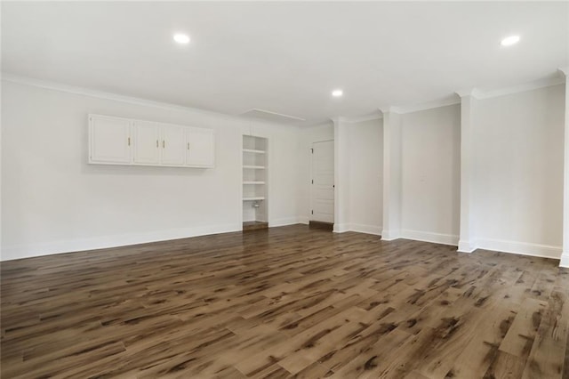 25 Woodvine Ct, Covington, LA 70433 - unfurnished living room featuring crown molding, wood finished floors, recessed lighting, baseboards, and built in shelves