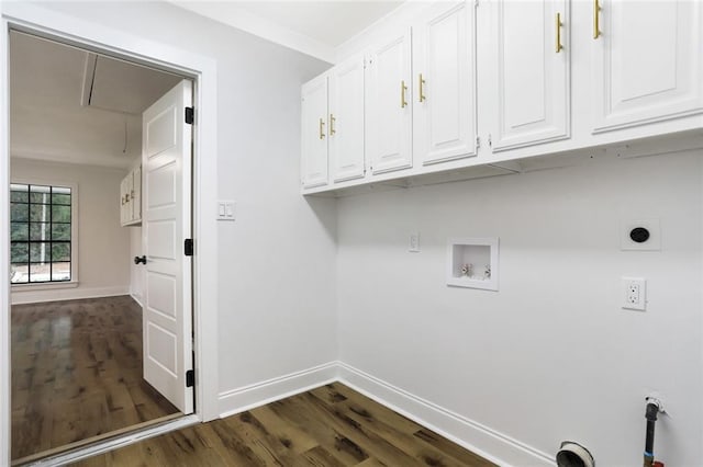 25 Woodvine Ct, Covington, LA 70433 - laundry room featuring cabinet space, attic access, washer hookup, dark wood finished floors, and baseboards