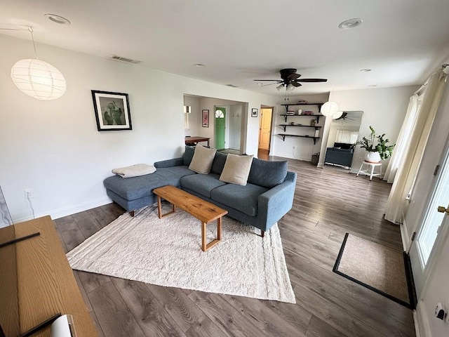 3609 Green Acres Rd, Metairie, LA 70003 - living area with a ceiling fan, baseboards, dark wood finished floors, and recessed lighting